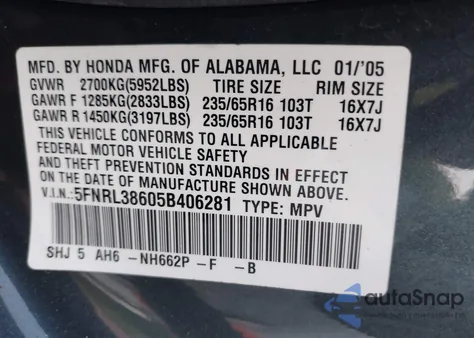 2005 Honda Odyssey Ex-L z USA, uszkodzony, nr VIN 5FNRL38605B406281